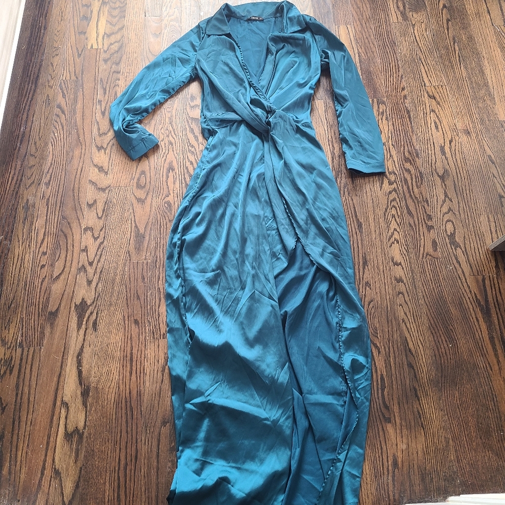 Teal Collared High Slit Silky Dress